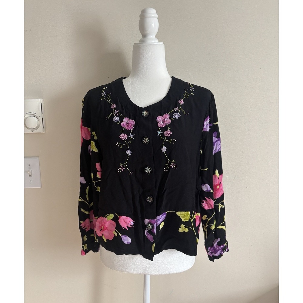 Vintage Y2K Whimsical‎ Key Lime Pie Med Mother of Pearl  Floral Cardigan 90s 00s